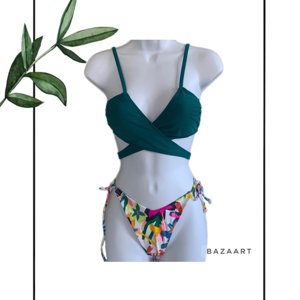Xhilaration Teal Wrap Bikini Top & Xhilaration Multicolor Floral Bikini Bottom